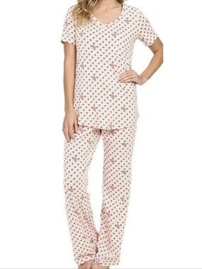 Vera Bradley Heart Print Knit Pajama Set Blush Pink Womens Size M Cozy Sleepwear